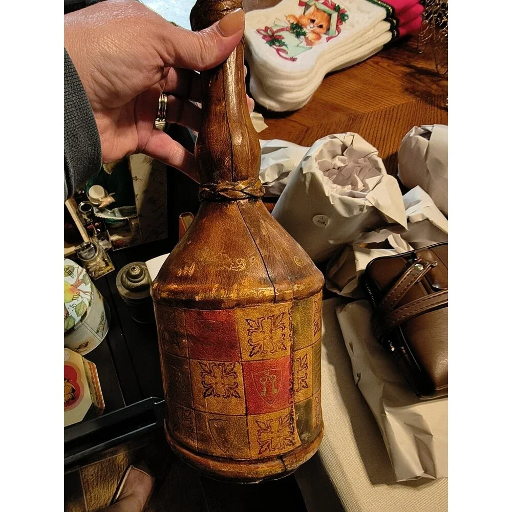 Vintage Hand Tooled Leather Wrapped Bottle Italy Decanter Flowers Gold Scroll